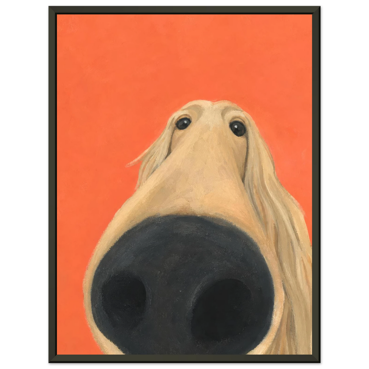 Kunstdruck Hallo, Nase mit einem Hund in schwarzem Rahmen vor hellgrauem Hintergrund