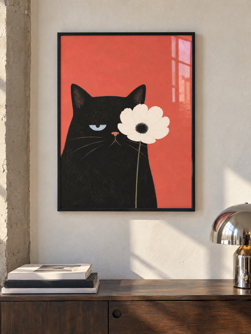 Gerahmter Kunstdruck Netter Versuch mit schwarzer Katze und weißer Blume in einem hellen modernen Raum