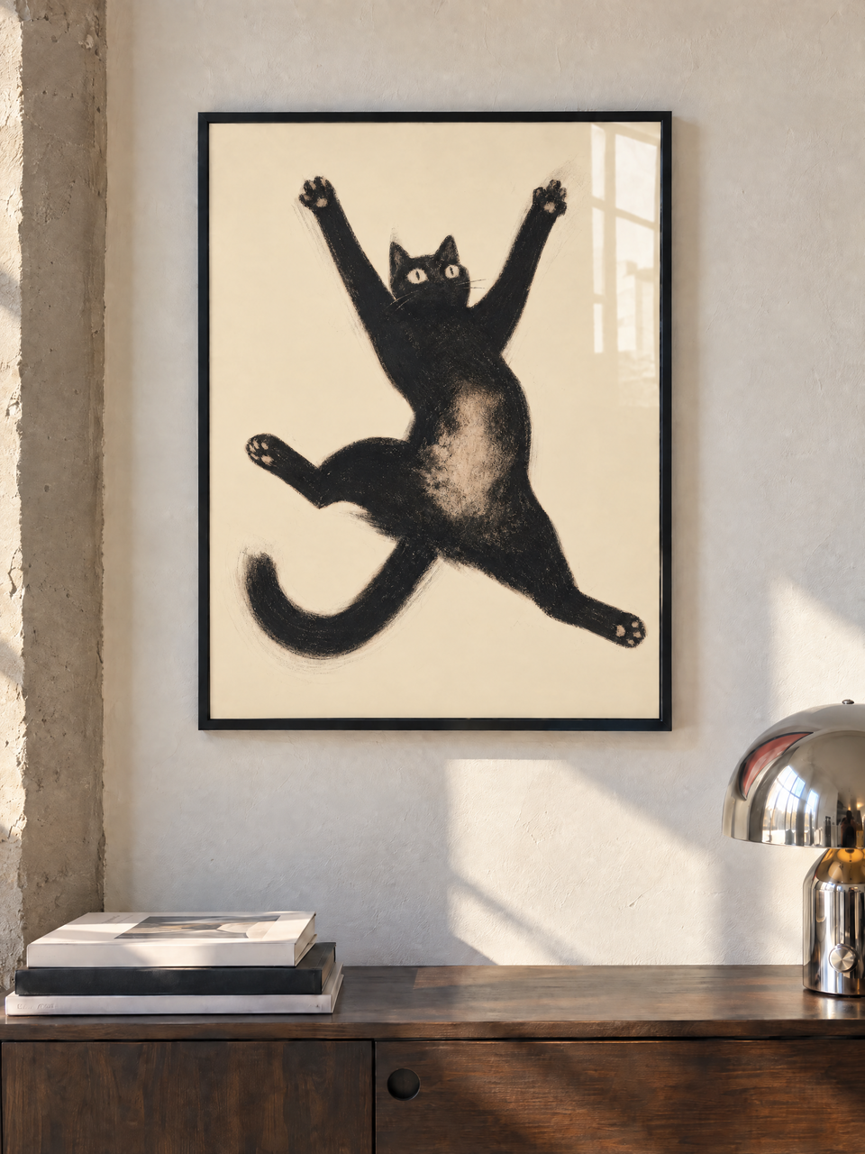 Stampa Sto cadendo! con gatto nero mostrata in un interno