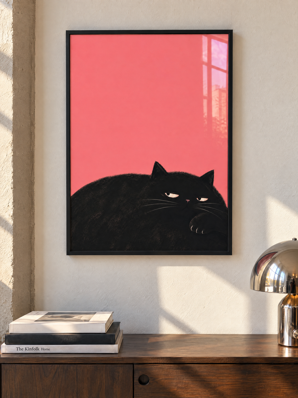Ingelijste kunstprint Ze is iets van plan met zwarte kat aan de muur in een modern interieur