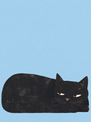 Black cat lying with its head on one paw against a soft blue background — Can It Wait? by Sasha Liley