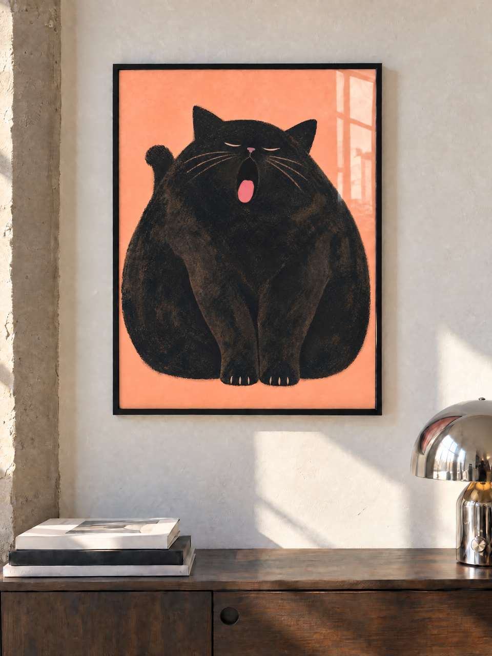 Yawning black cat sitting with closed eyes and a pink tongue on a peach background.