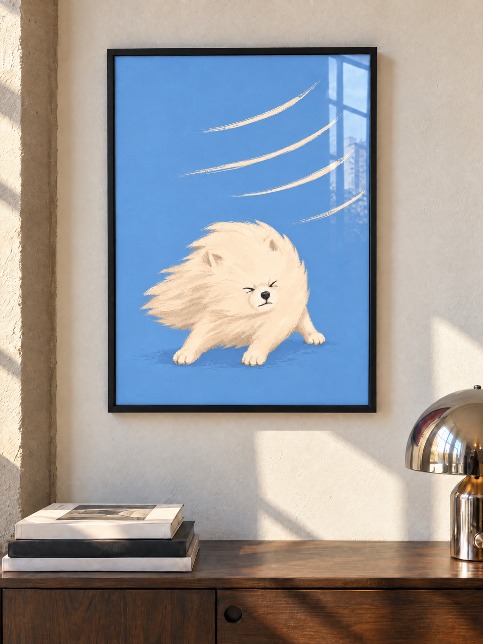 Indrammet kunsttryk Det klarer jeg stadig — Kunsttryk med hvid hund