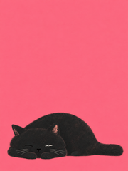Black cat resting low against a coral-pink background with one eye half open — You Asleep? by Sasha Liley