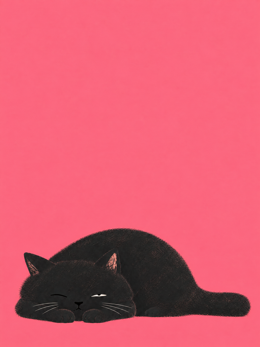 Black cat resting low against a coral-pink background with one eye half open — You Asleep? by Sasha Liley