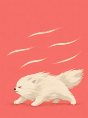 Kleiner weißer Hund, der im Wind die Augen zukneift, mit seitlich verwehtem Fell vor blauem Hintergrund — Ich schaff das by Sasha Liley