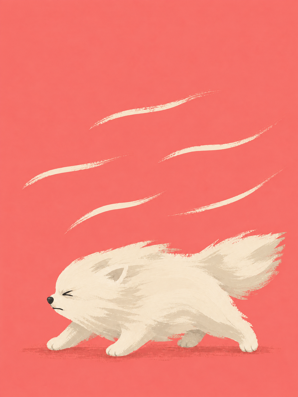 Kleiner weißer Hund, der im Wind die Augen zukneift, mit seitlich verwehtem Fell vor blauem Hintergrund — Ich schaff das by Sasha Liley
