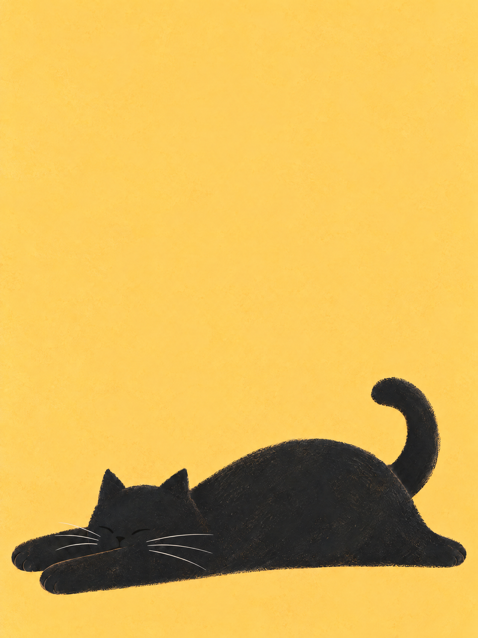 Relaxed black cat stretched out with eyes closed against a warm golden-yellow background — No Rush by Sasha Liley