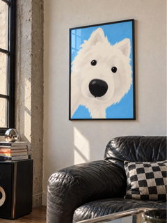 Framed Just Curious white dog art print displayed in a bright modern loft interior