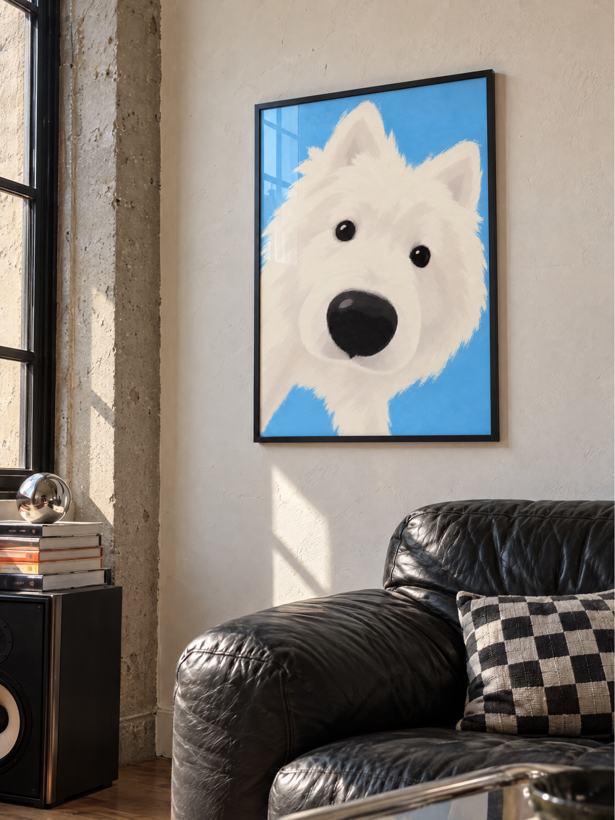 Gerahmter Kunstdruck Nur neugierig mit weißem Hund in einem hellen modernen Loft