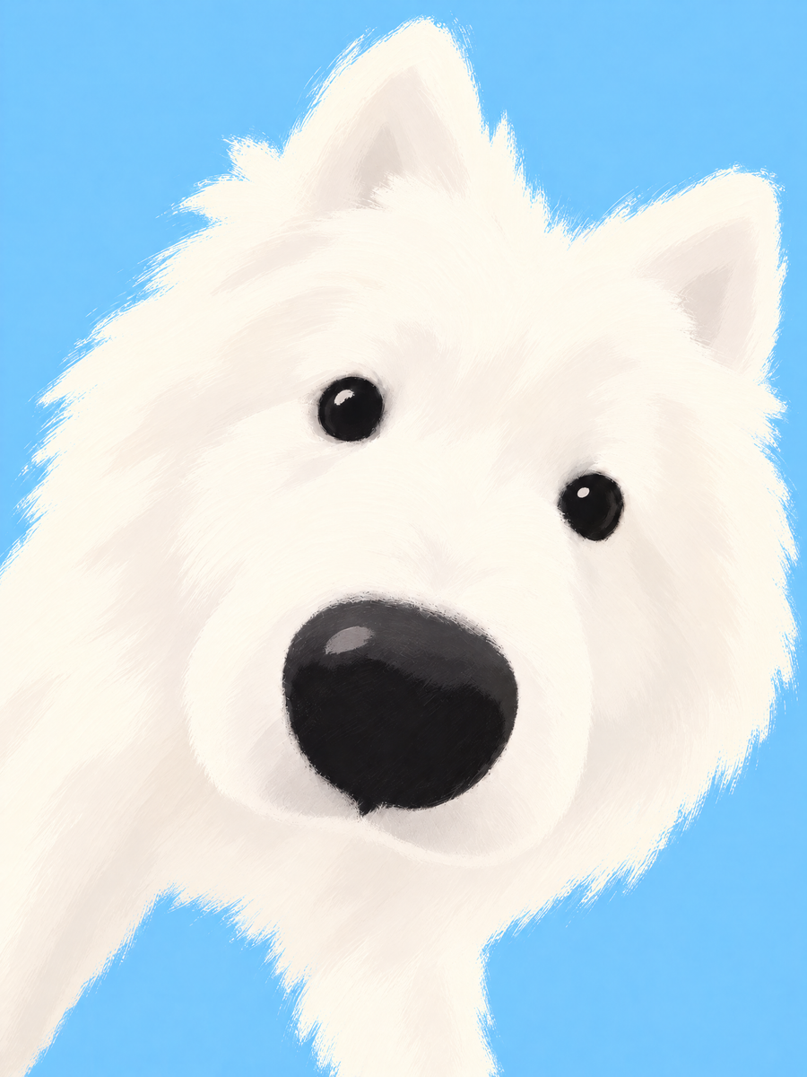 Close-up of a fluffy white dog tilting its head against a bright blue background — Just Curious by Sasha Liley