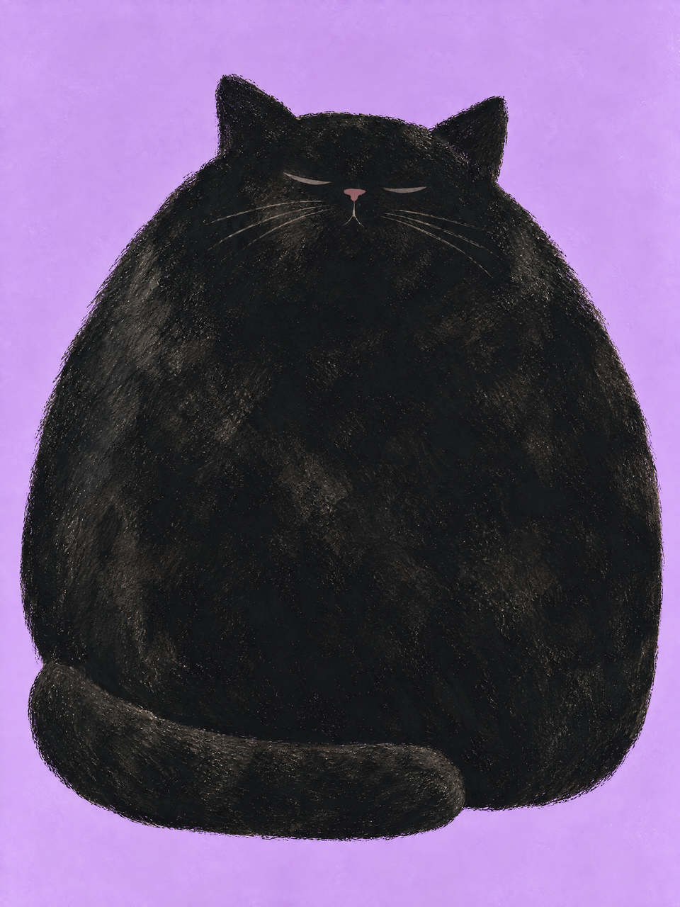 Round black cat sitting with eyes closed and tail curled across its paws against a soft lavender background — Taking Up Space by Sasha Liley