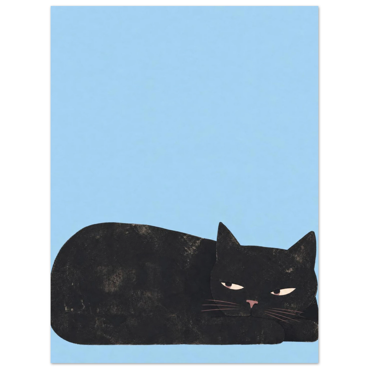 Schwarze Katze liegt mit dem Kopf auf einer Pfote vor sanftblauem Hintergrund — Kann das warten? von Sasha Liley