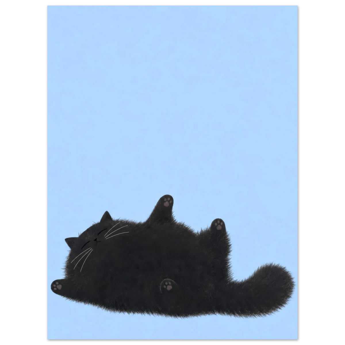 Flauschige schwarze Katze schläft auf dem Rücken mit den Pfoten in der Luft vor einem sanftblauen Hintergrund — Bitte nicht stören von Sasha Liley