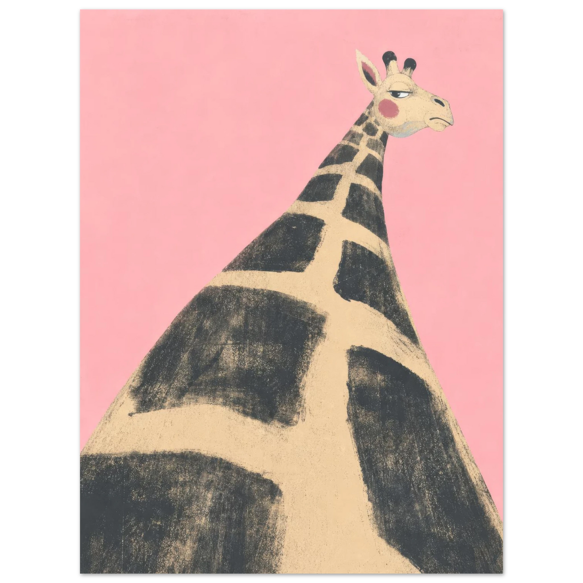 Eine Giraffe blickt vor rosa Hintergrund nach unten. — Von oben