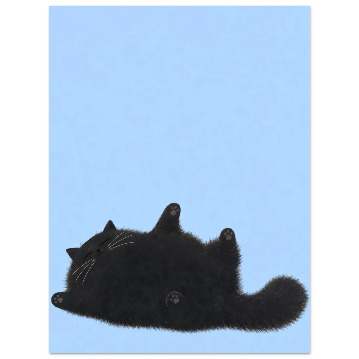Flauschige schwarze Katze schläft auf dem Rücken mit den Pfoten in der Luft vor einem sanftblauen Hintergrund — Bitte nicht stören von Sasha Liley