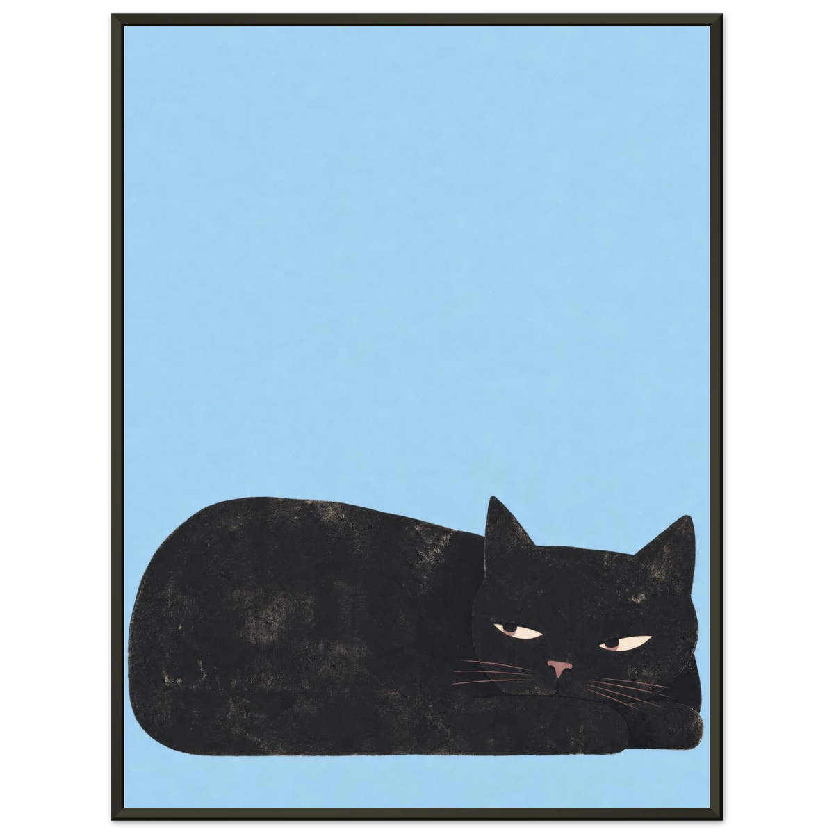 Kunstdruck Kann das warten? mit schwarzer Katze in schwarzem Rahmen vor hellgrauem Hintergrund