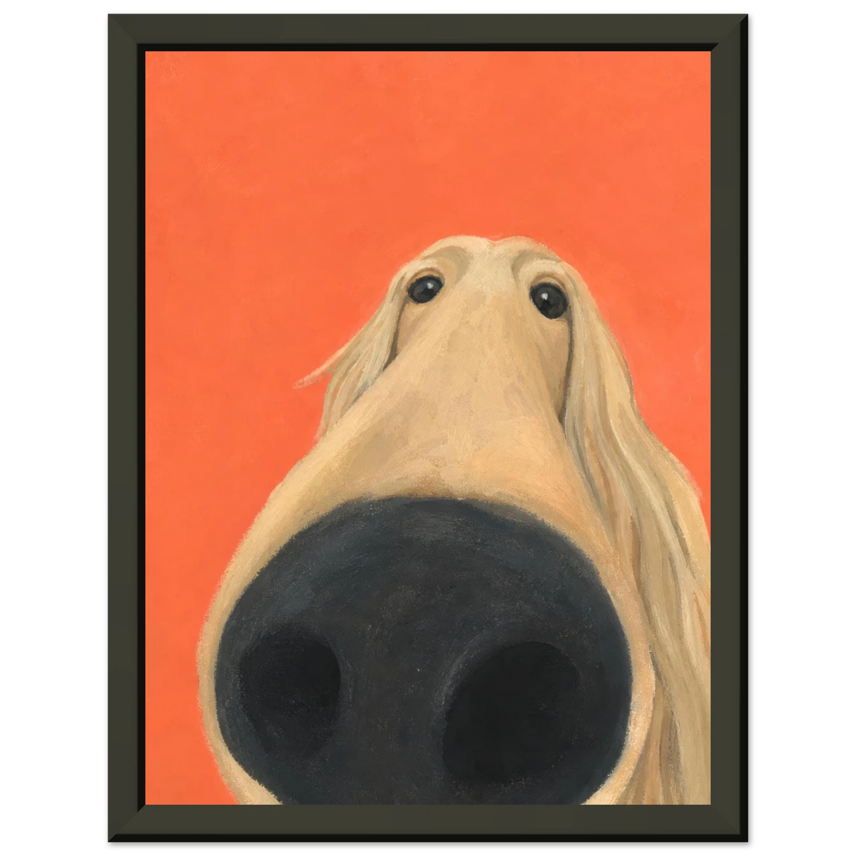 Kunstdruck Hallo, Nase mit einem Hund in schwarzem Rahmen vor hellgrauem Hintergrund