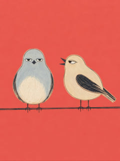 Two stylised birds perched on a line against a coral-red background, one leaning in to speak — Still Talking by Sasha Liley