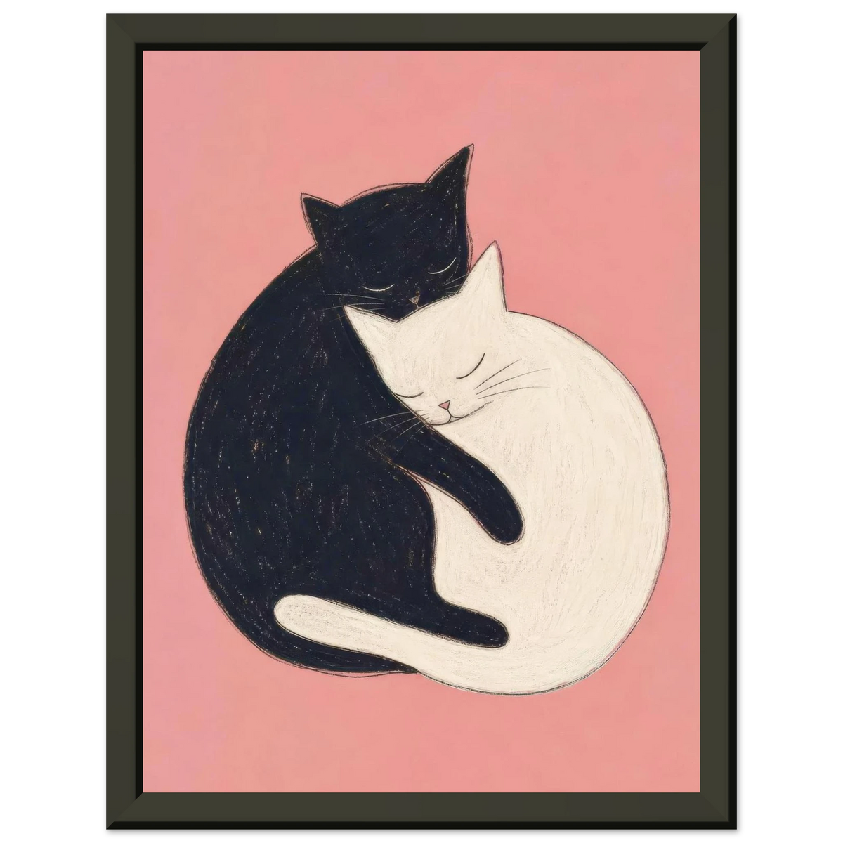 Black and white cats curled together in an embrace against a pink background — Yin & Yang by Sasha Liley