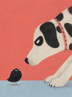 Hund og fugl — kunsttryk med dyremotiv af Sasha Liley