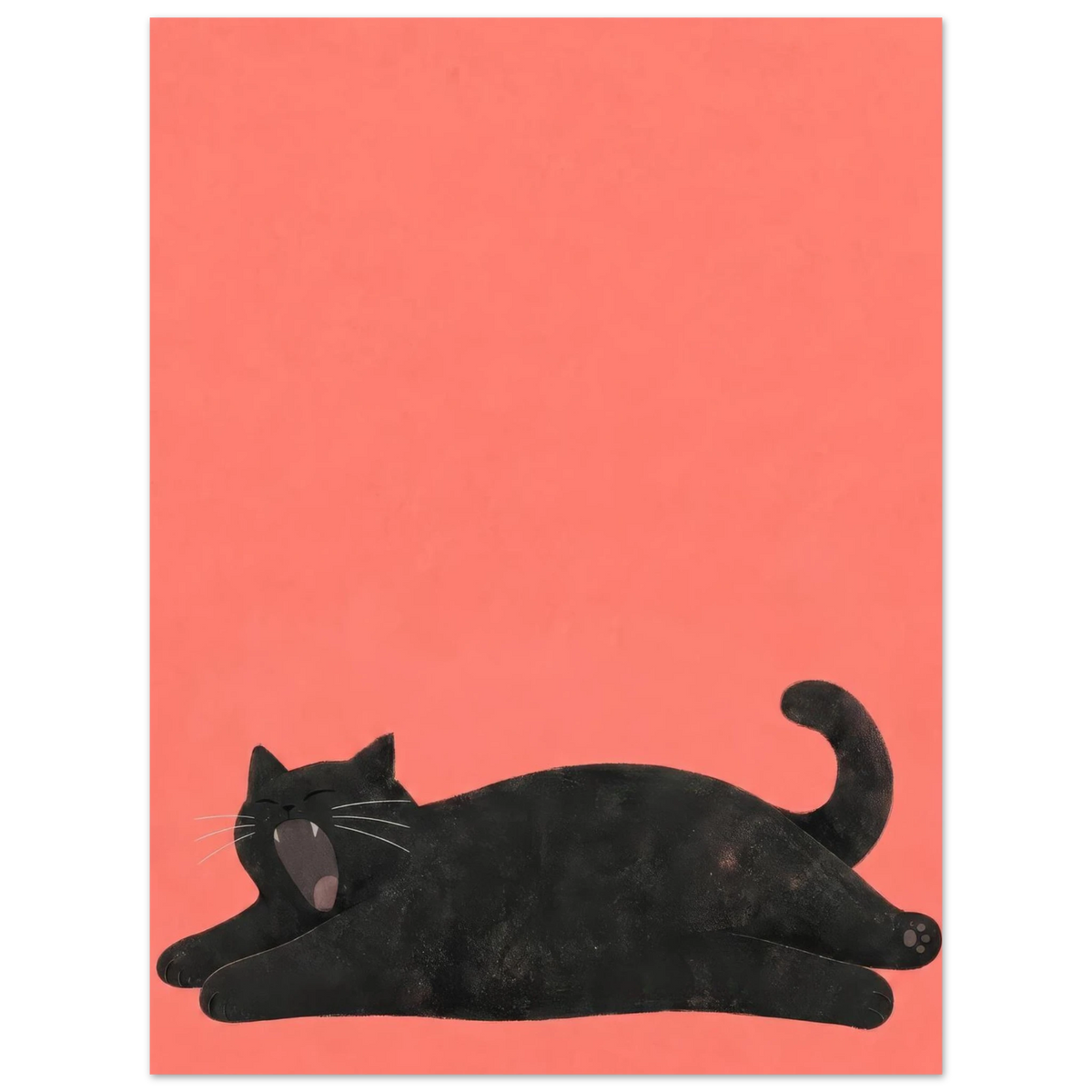 Schwarze Katze streckt sich und gähnt vor korallrotem Hintergrund — Noch fünf Minuten von Sasha Liley