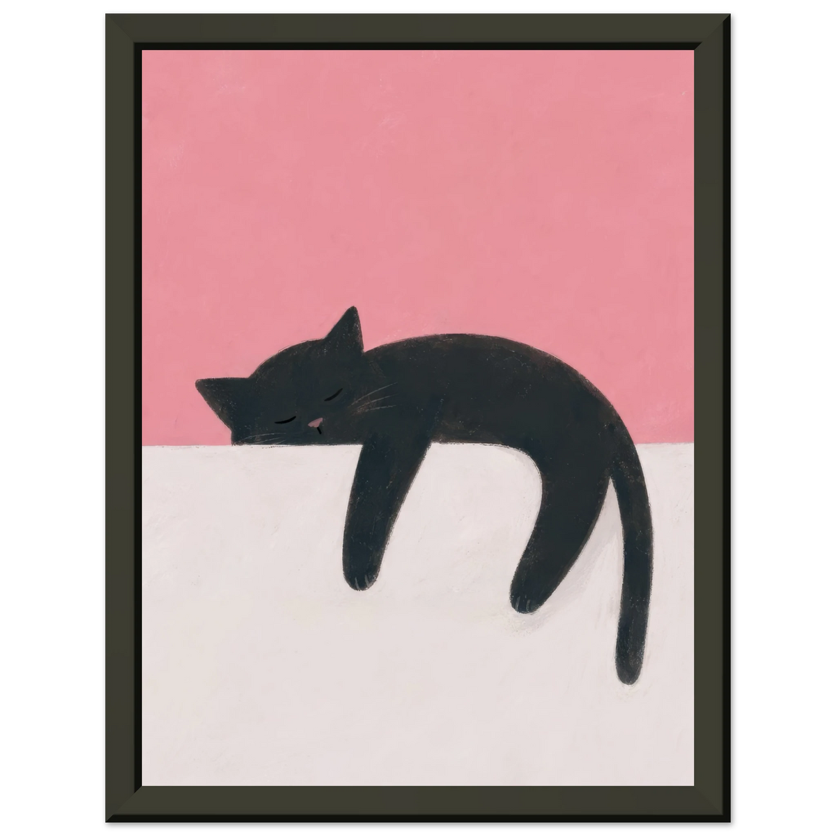 Schlafende schwarze Katze mit Pfoten und Schwanz über einem cremefarbenen Rand vor korallrosa Hintergrund