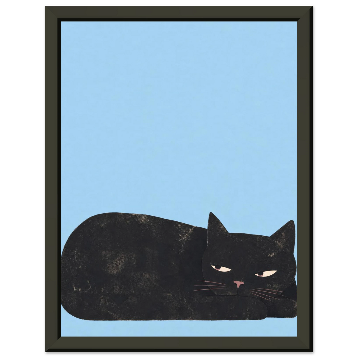 Kunstdruck Kann das warten? mit schwarzer Katze in schwarzem Rahmen vor hellgrauem Hintergrund
