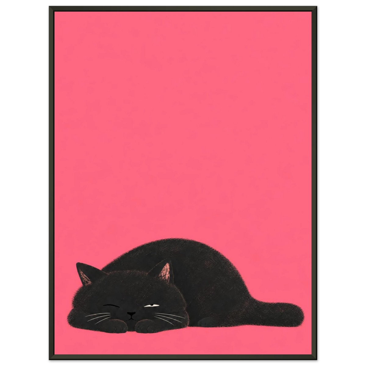 You Asleep? black cat art print in a black frame against a light grey background