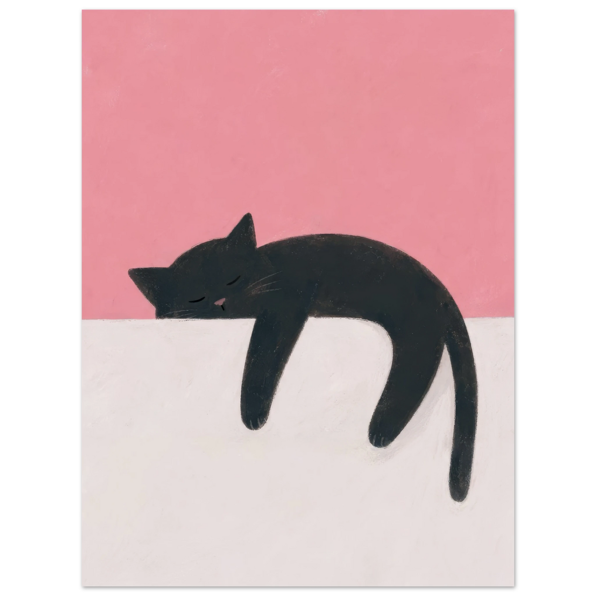Schlafende schwarze Katze mit Pfoten und Schwanz über einem cremefarbenen Rand vor korallrosa Hintergrund