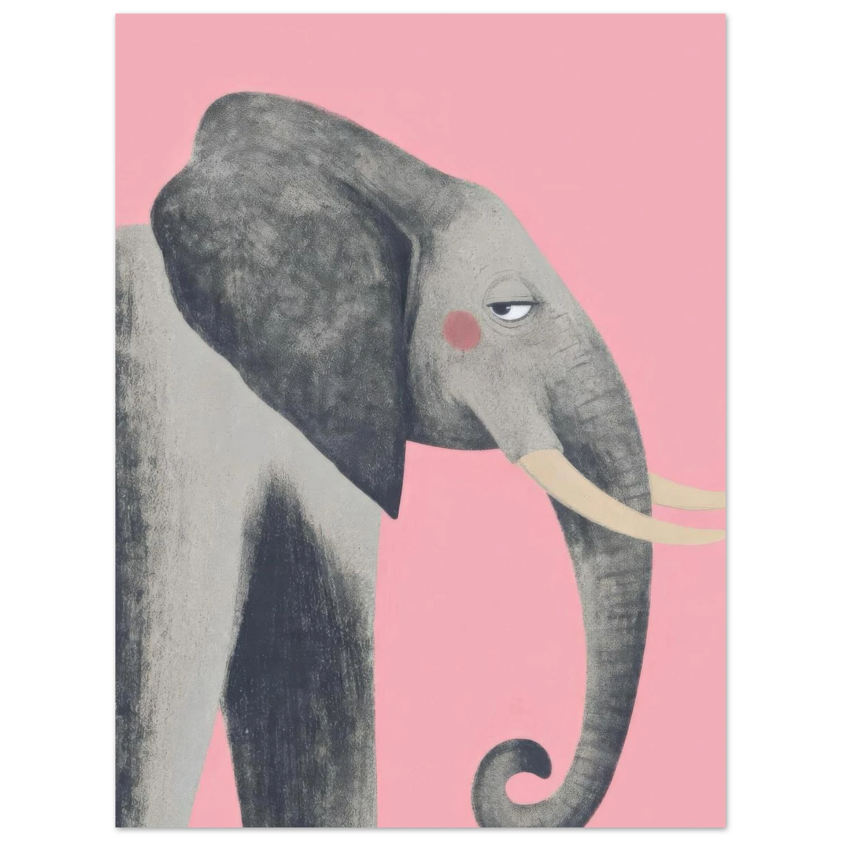Grauer Elefant mit eingerolltem Rüssel, cremefarbenen Stoßzähnen, rosa Wange und skeptischem Seitenblick vor rosa Hintergrund — Elefant 2 von Sasha Liley