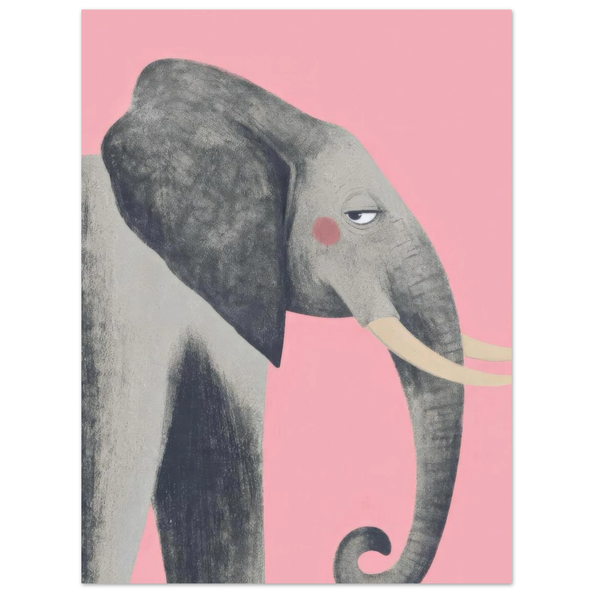 Grauer Elefant mit eingerolltem Rüssel, cremefarbenen Stoßzähnen, rosa Wange und skeptischem Seitenblick vor rosa Hintergrund — Elefant 2 von Sasha Liley