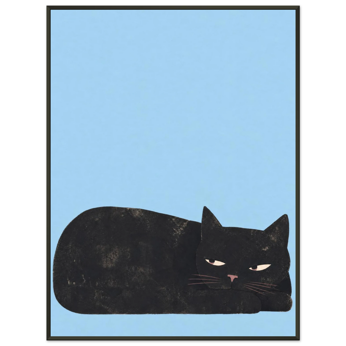 Kunstdruck Kann das warten? mit schwarzer Katze in schwarzem Rahmen vor hellgrauem Hintergrund