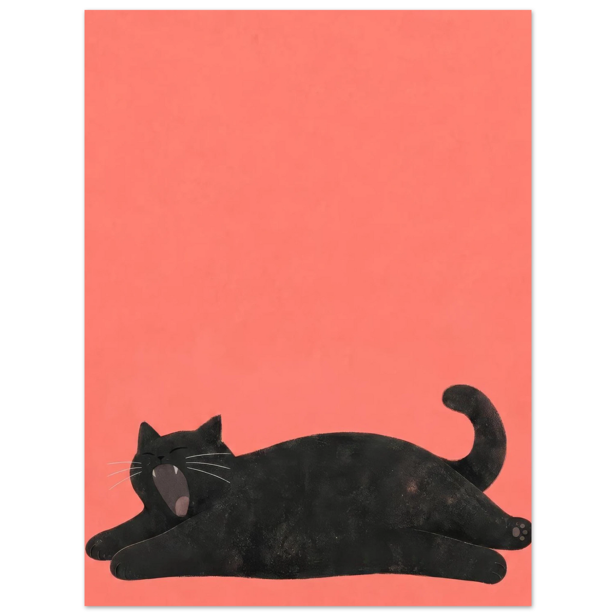 Schwarze Katze streckt sich und gähnt vor korallrotem Hintergrund — Noch fünf Minuten von Sasha Liley