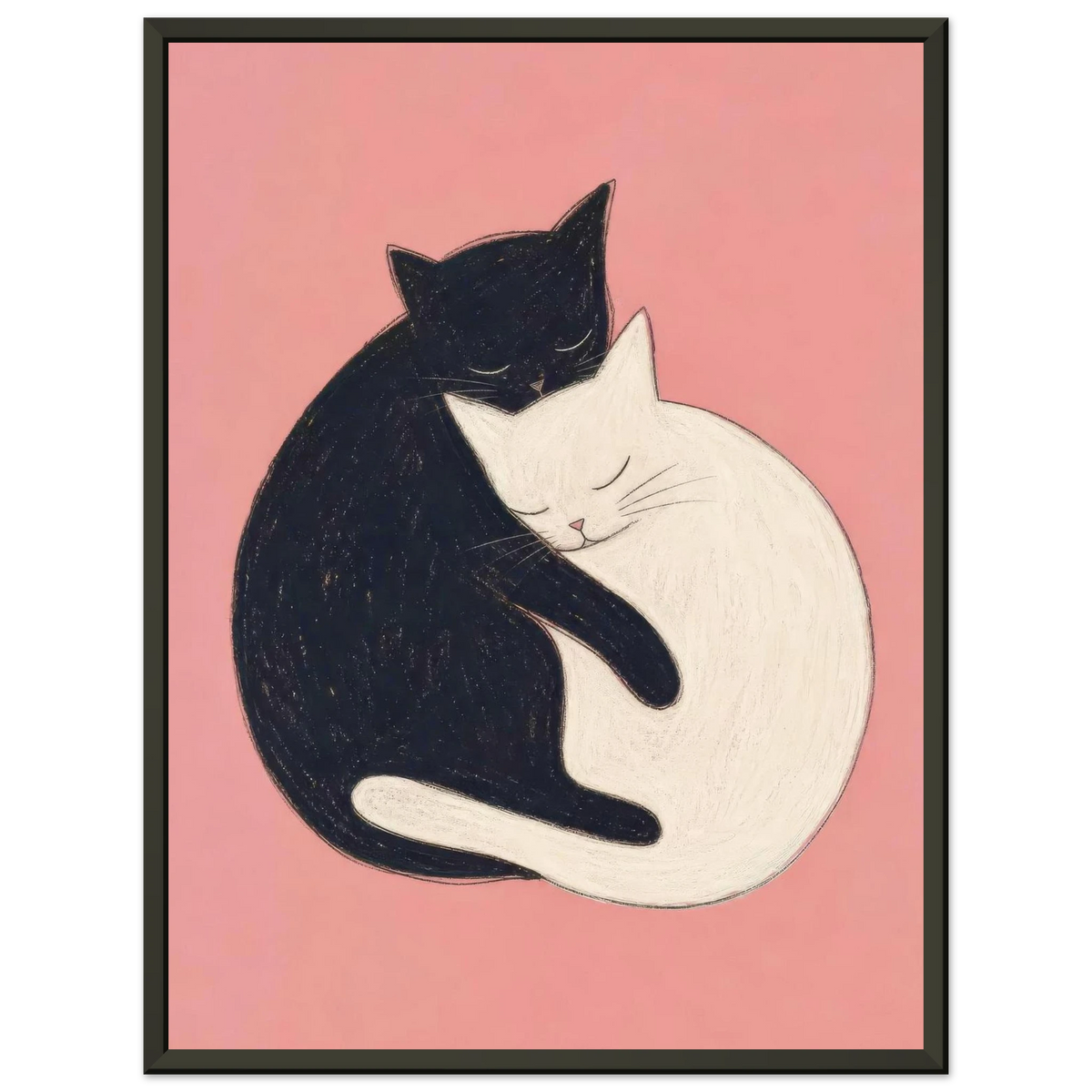 Black and white cats curled together in an embrace against a pink background — Yin & Yang by Sasha Liley