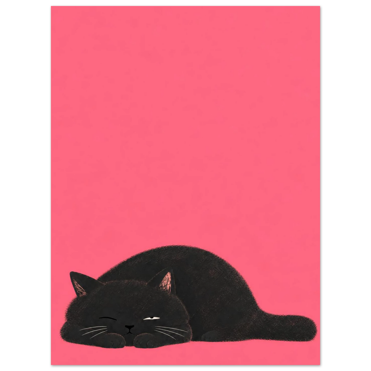 Black cat resting low against a coral-pink background with one eye half open — You Asleep? by Sasha Liley