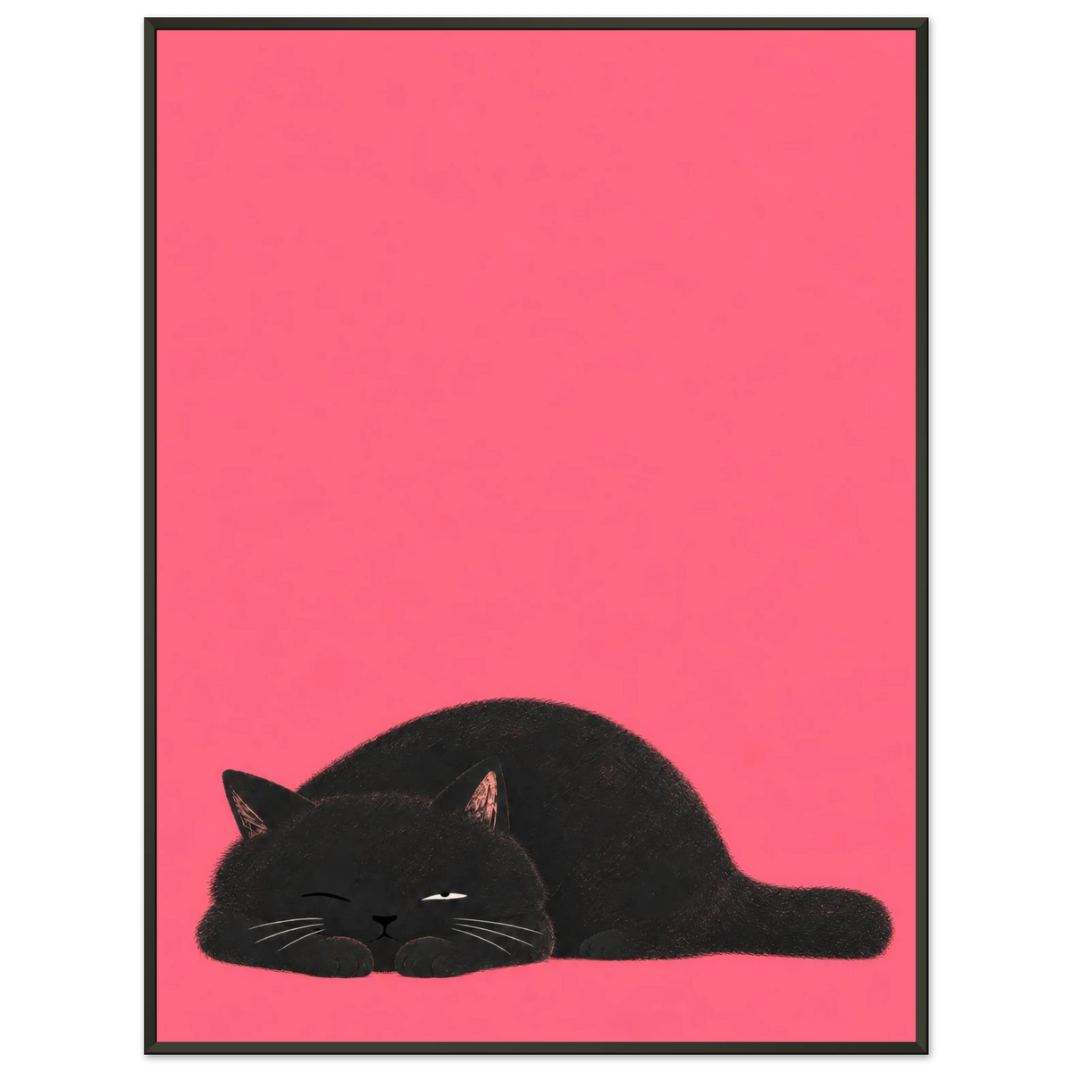 You Asleep? black cat art print in a black frame against a light grey background
