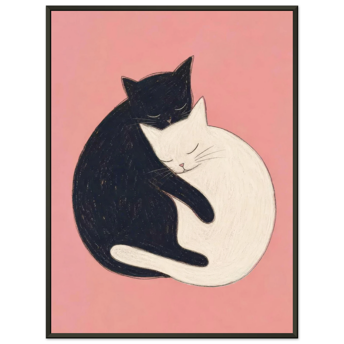 Black and white cats curled together in an embrace against a pink background — Yin & Yang by Sasha Liley