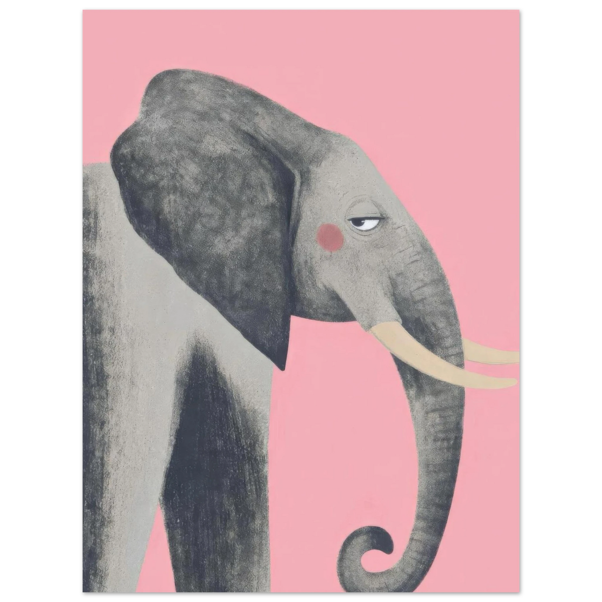 Grauer Elefant mit eingerolltem Rüssel, cremefarbenen Stoßzähnen, rosa Wange und skeptischem Seitenblick vor rosa Hintergrund — Elefant 2 von Sasha Liley