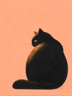 Gato negro mirando por encima del hombro bajo una luz dorada sobre fondo coral — Golden Hour, de Sasha Liley