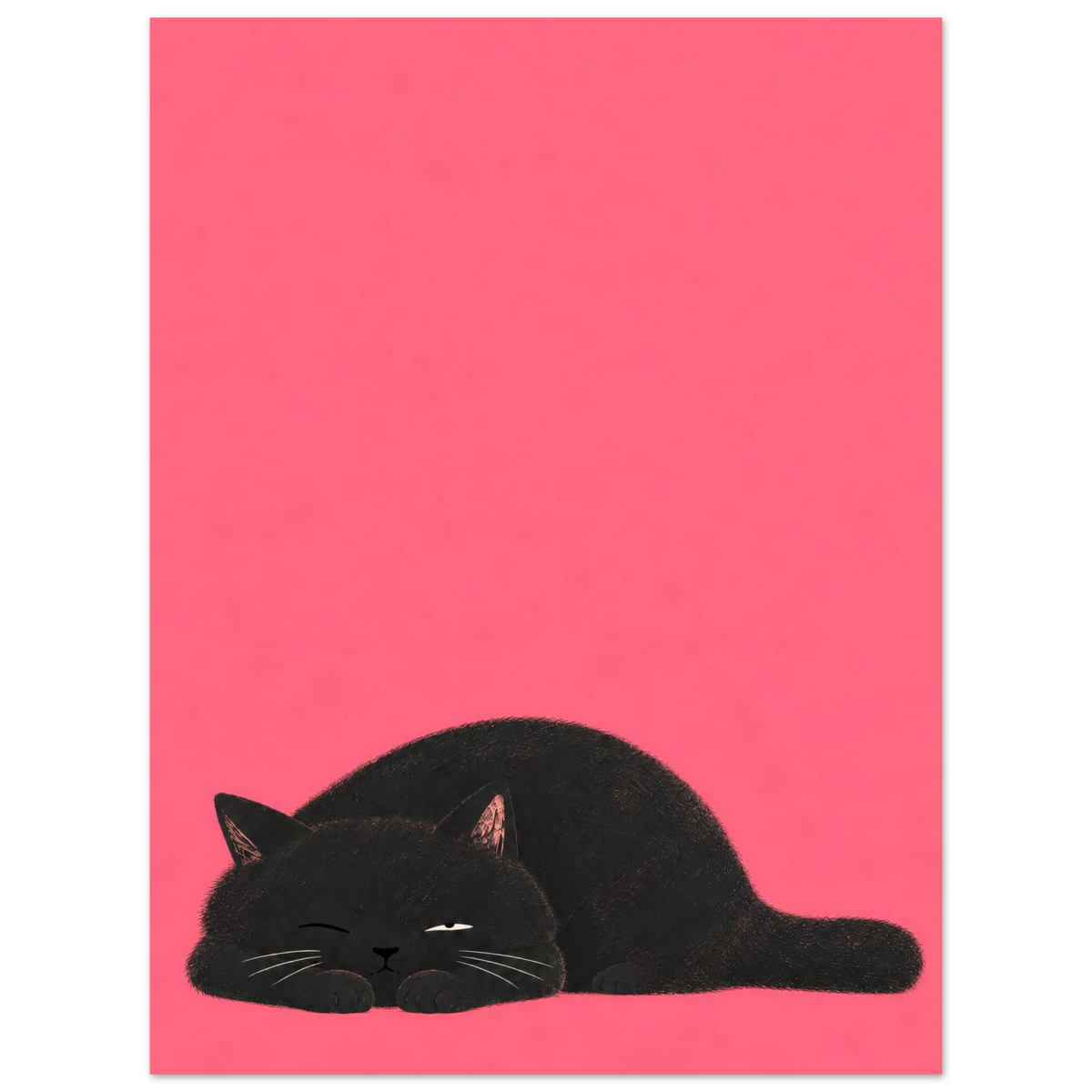 Black cat resting low against a coral-pink background with one eye half open — You Asleep? by Sasha Liley