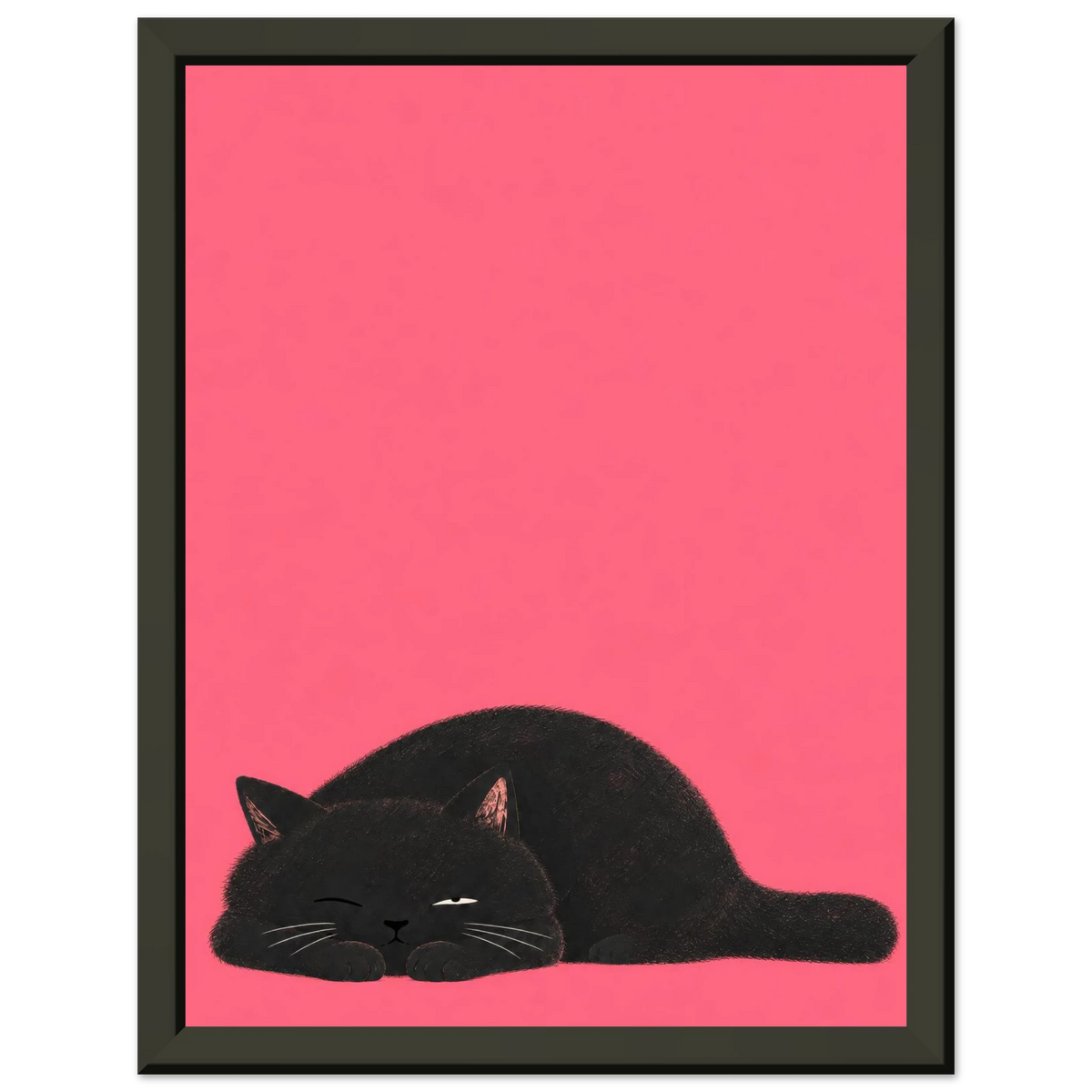 You Asleep? black cat art print in a black frame against a light grey background