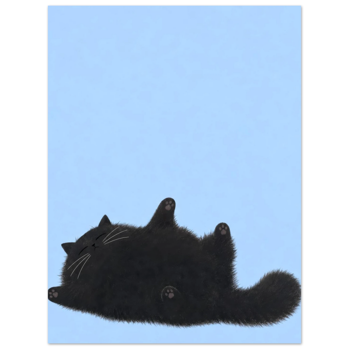 Flauschige schwarze Katze schläft auf dem Rücken mit den Pfoten in der Luft vor einem sanftblauen Hintergrund — Bitte nicht stören von Sasha Liley