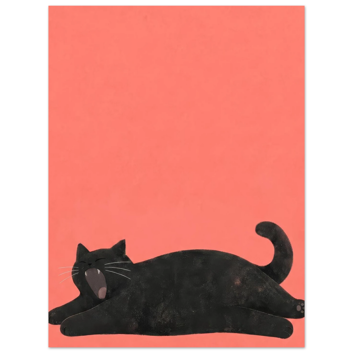 Schwarze Katze streckt sich und gähnt vor korallrotem Hintergrund — Noch fünf Minuten von Sasha Liley