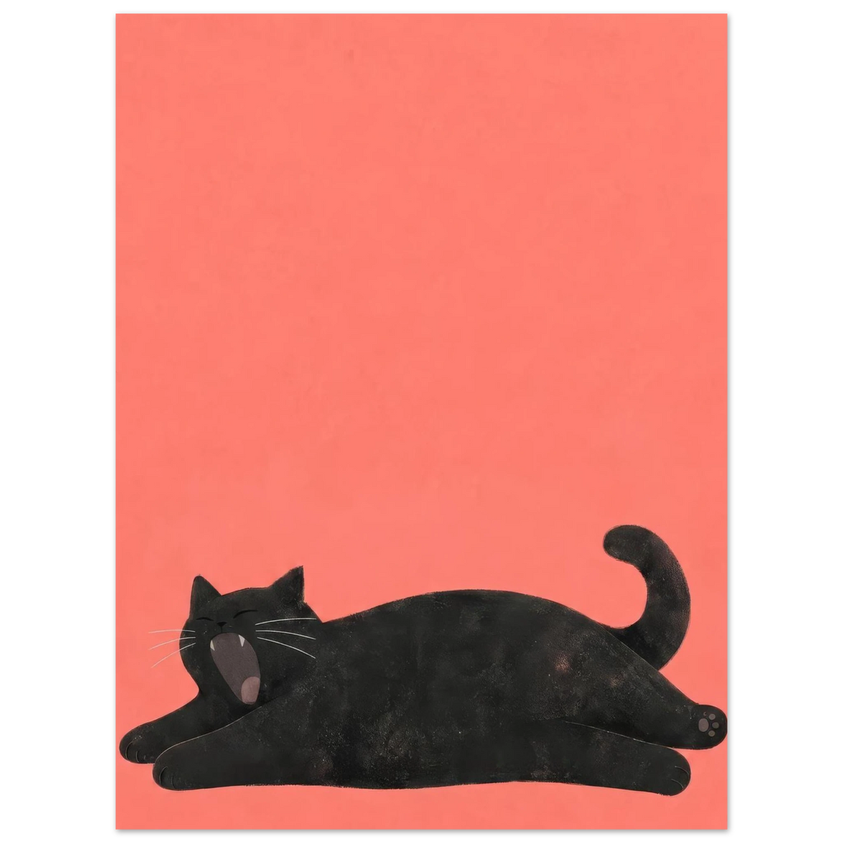Schwarze Katze streckt sich und gähnt vor korallrotem Hintergrund — Noch fünf Minuten von Sasha Liley
