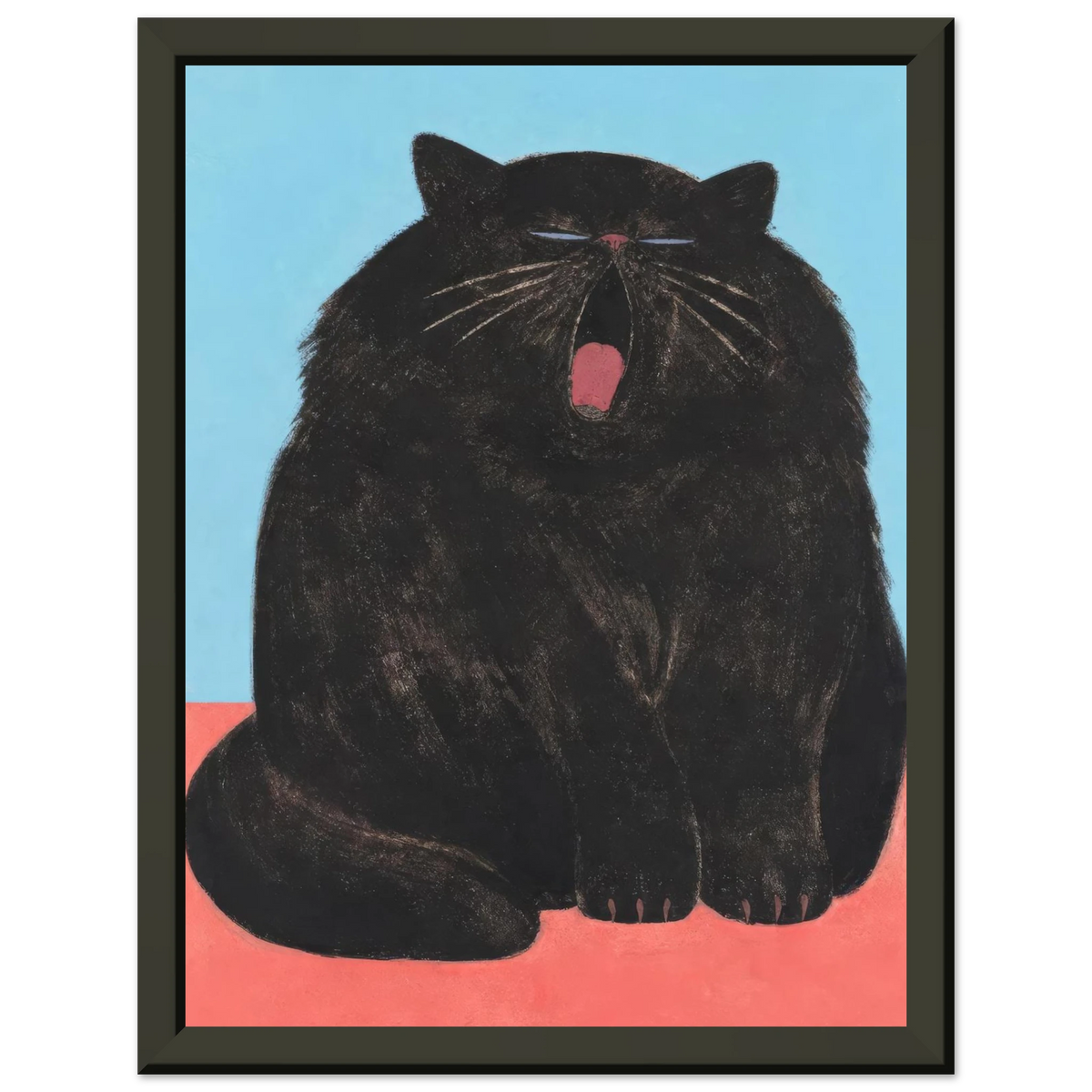 Yawning black cat in the art print Yawn by Sasha Liley
