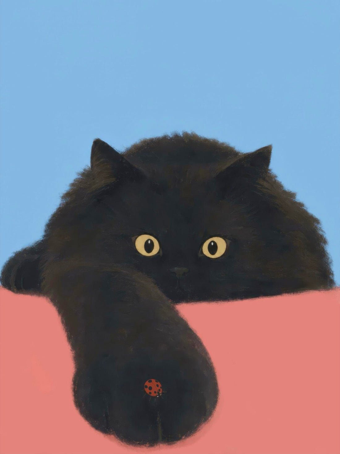 Fluffy black cat watching a red ladybird resting on its outstretched paw against a blue and coral background — Hold Still by Sasha Liley