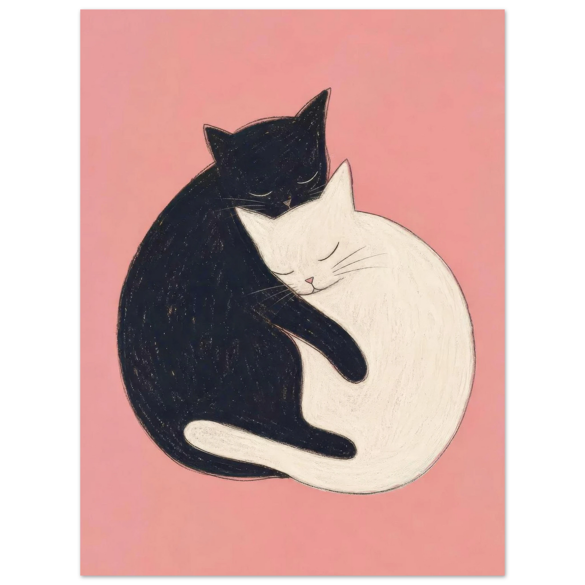 Black and white cats curled together in an embrace against a pink background — Yin & Yang by Sasha Liley