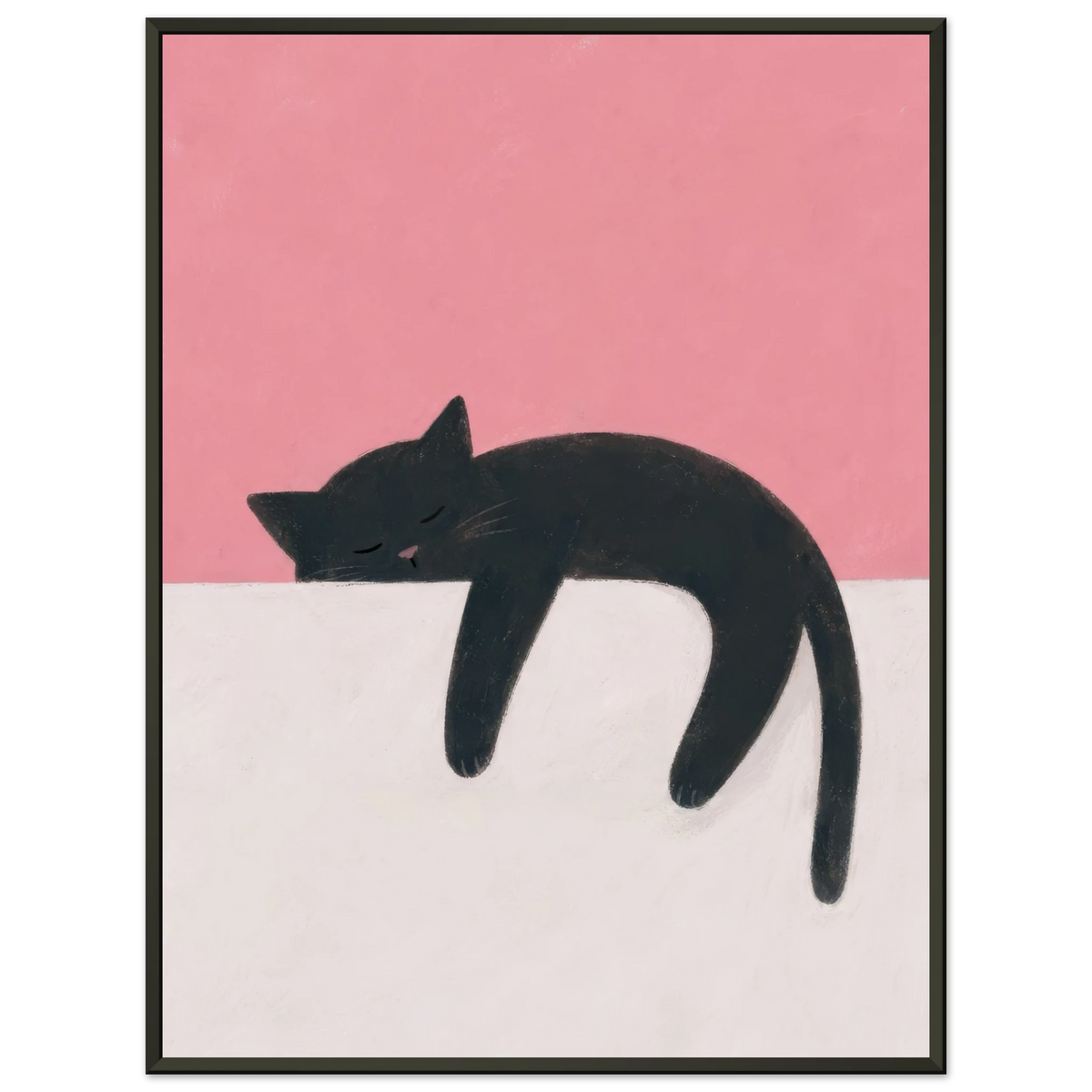 Schlafende schwarze Katze mit Pfoten und Schwanz über einem cremefarbenen Rand vor korallrosa Hintergrund