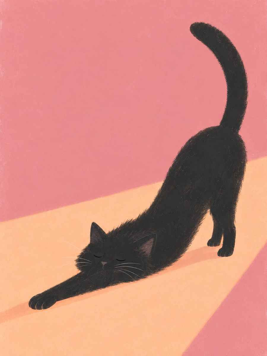 Black cat stretching through a warm beam of sunlight on a pink background — Sunny Stretch, by Sasha Liley